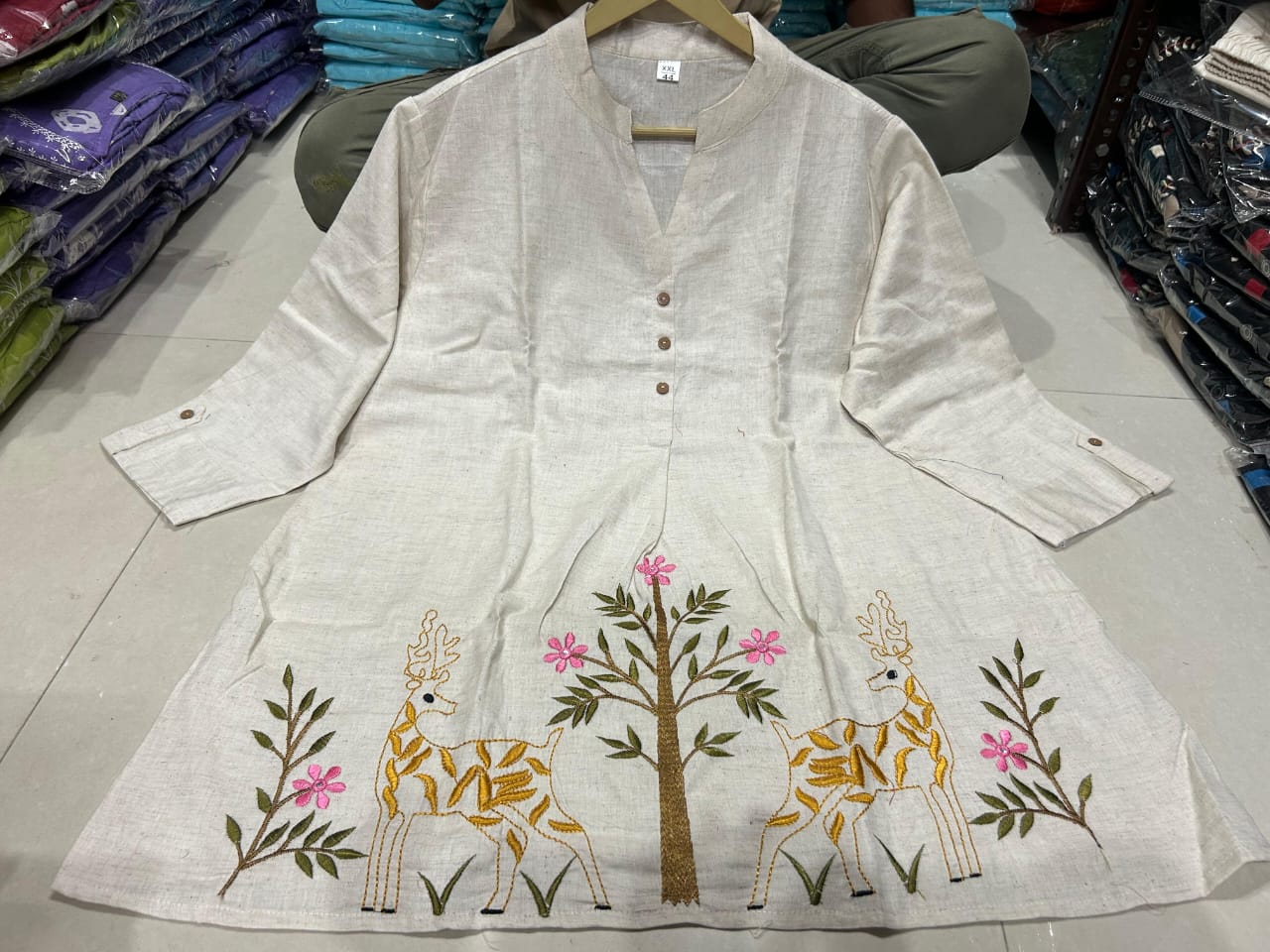 Ivory Cotton-Linen Co-ord Set with Deer Motif Embroidery