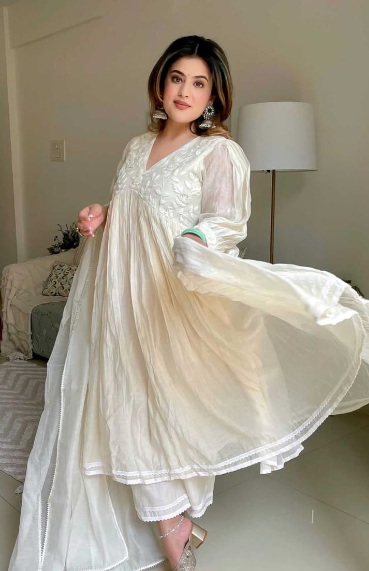 Pure White Embroidered Gown-Style Kurti Set.