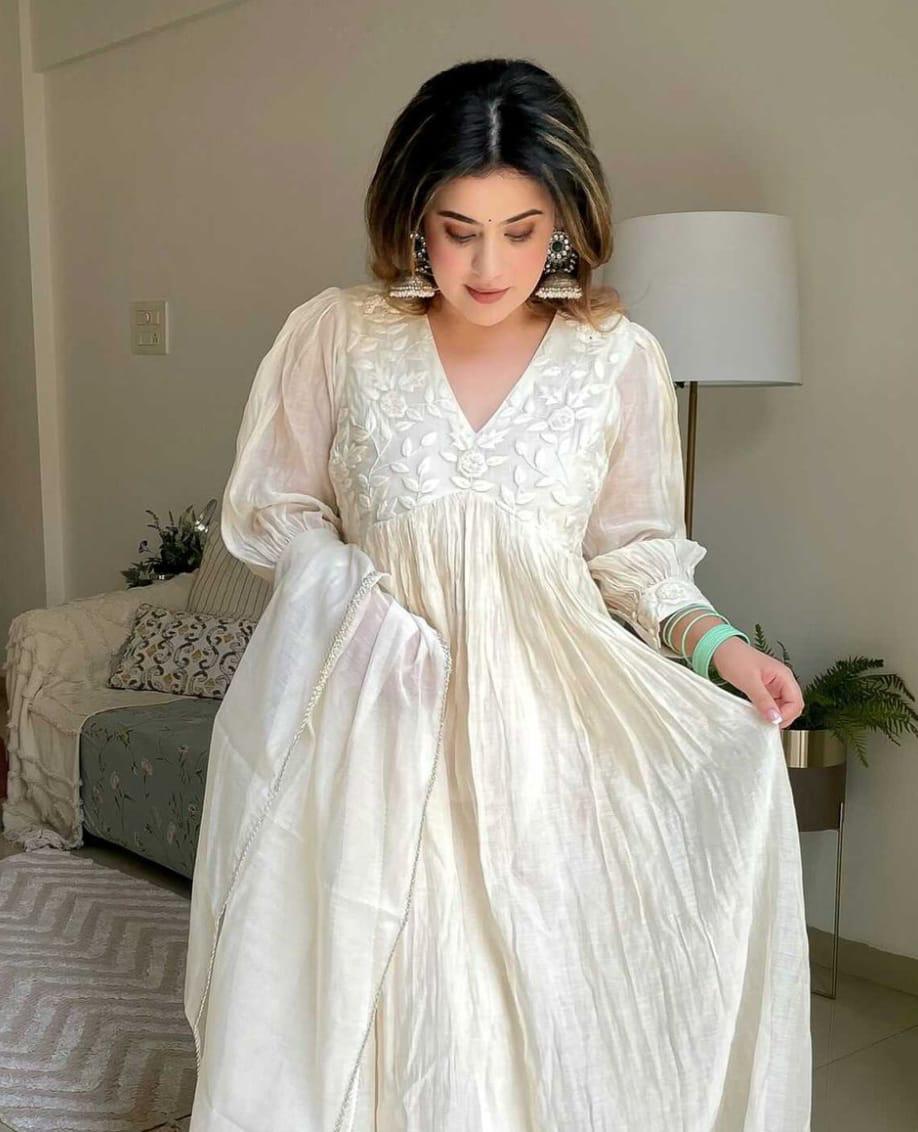 Pure White Embroidered Gown-Style Kurti Set.