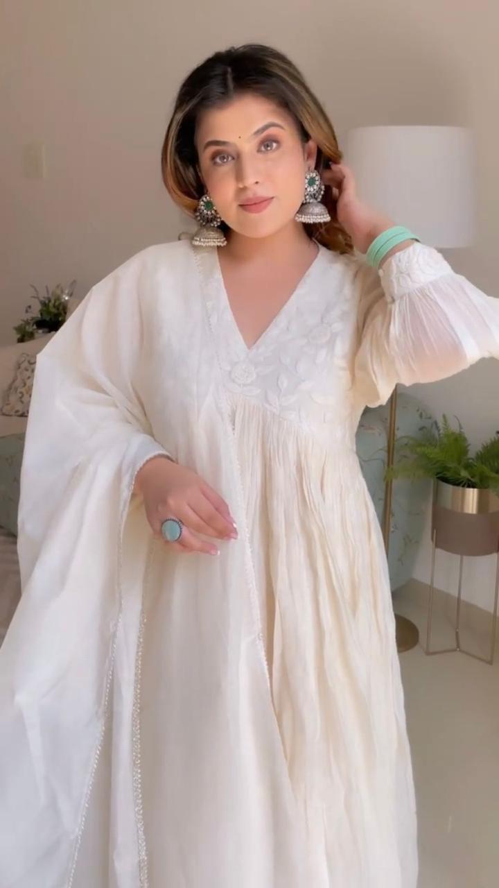 Pure White Embroidered Gown-Style Kurti Set.
