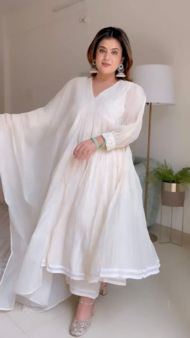 Pure White Embroidered Gown-Style Kurti Set.