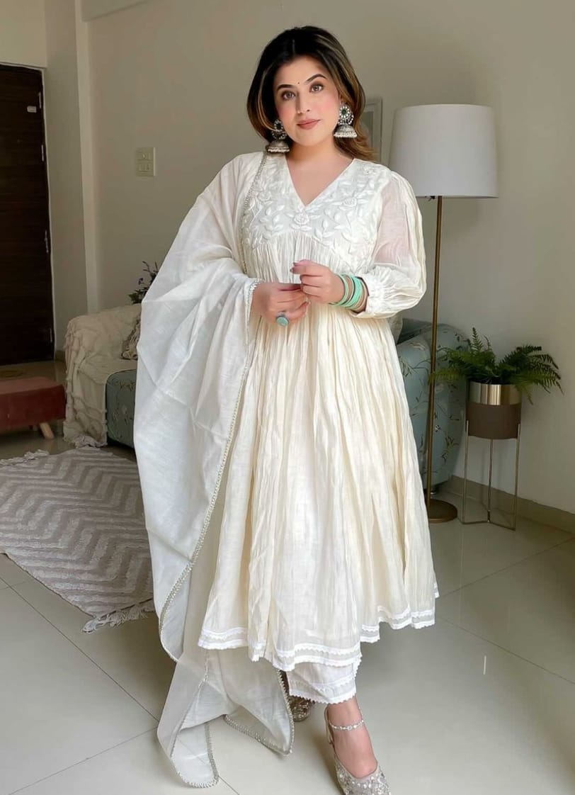Pure White Embroidered Gown-Style Kurti Set.