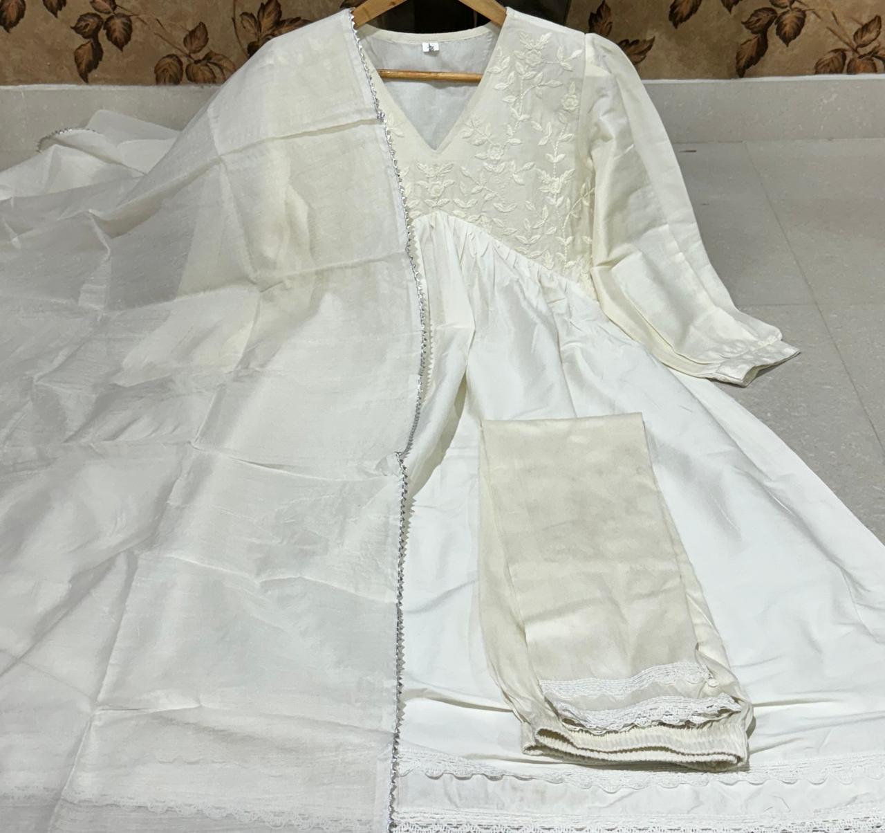 Pure White Embroidered Gown-Style Kurti Set.