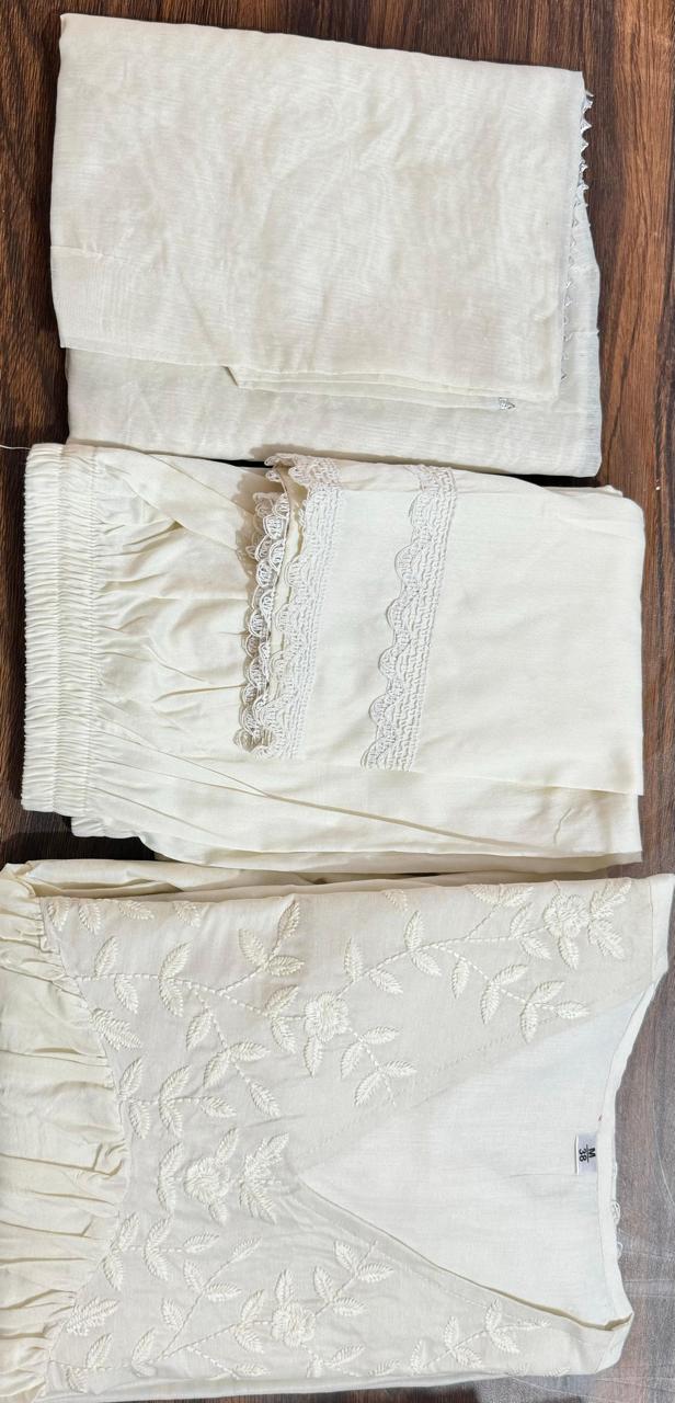 Pure White Embroidered Gown-Style Kurti Set.