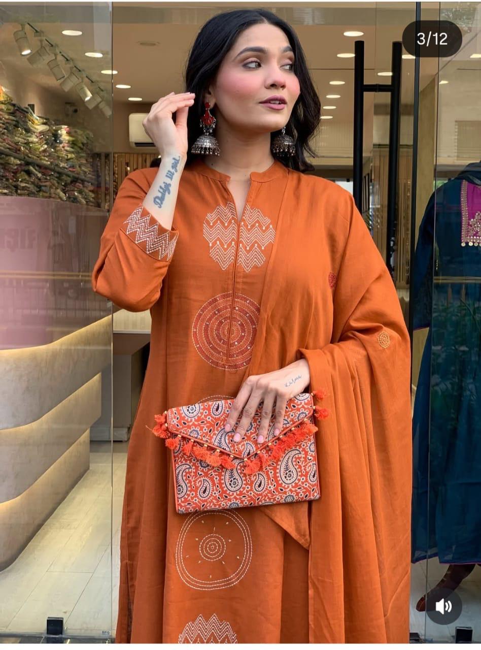 Terracotta Orange Cotton Kurti Set - Straight-Cut.