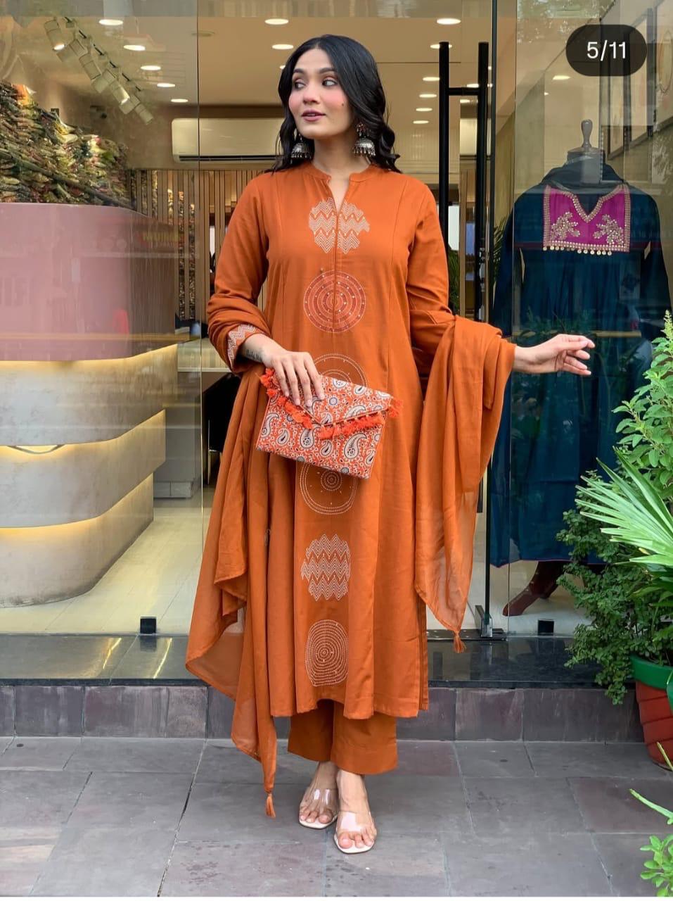 Terracotta Orange Cotton Kurti Set - Straight-Cut.