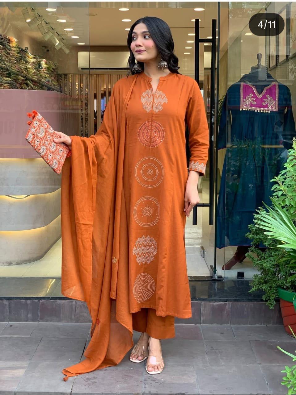 Terracotta Orange Cotton Kurti Set - Straight-Cut.