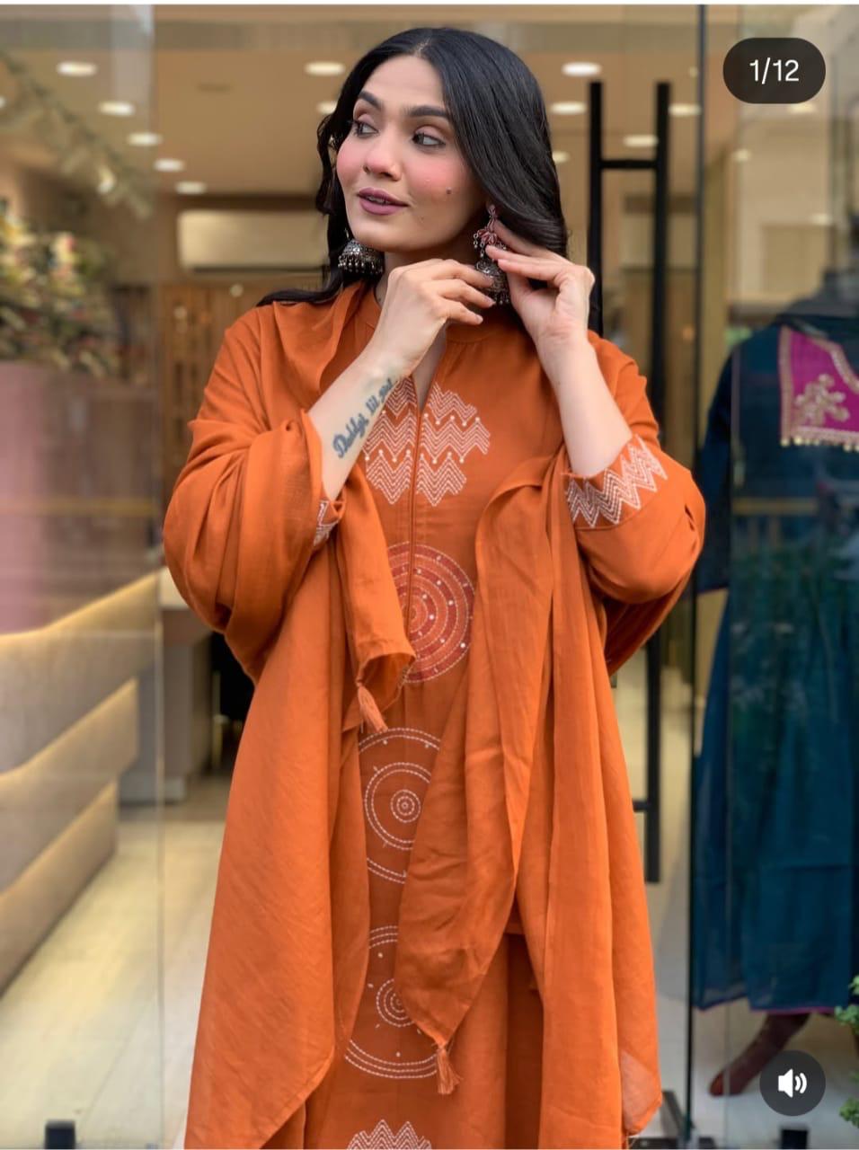 Terracotta Orange Cotton Kurti Set - Straight-Cut.