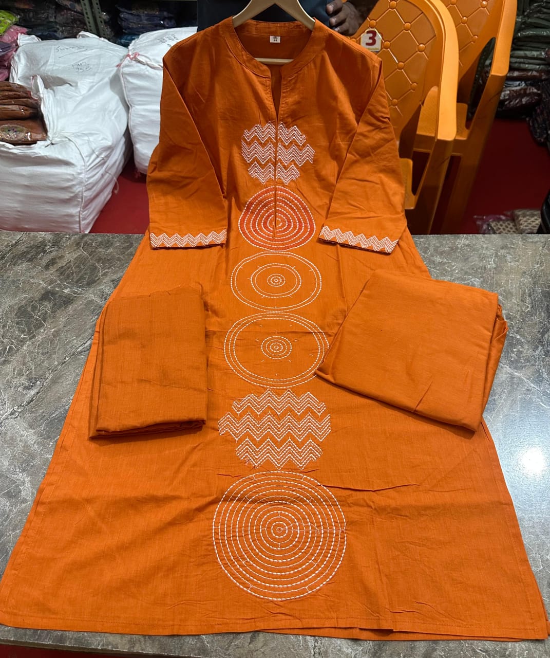 Terracotta Orange Cotton Kurti Set - Straight-Cut.