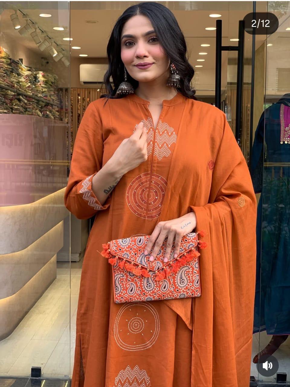 Terracotta Orange Cotton Kurti Set - Straight-Cut.