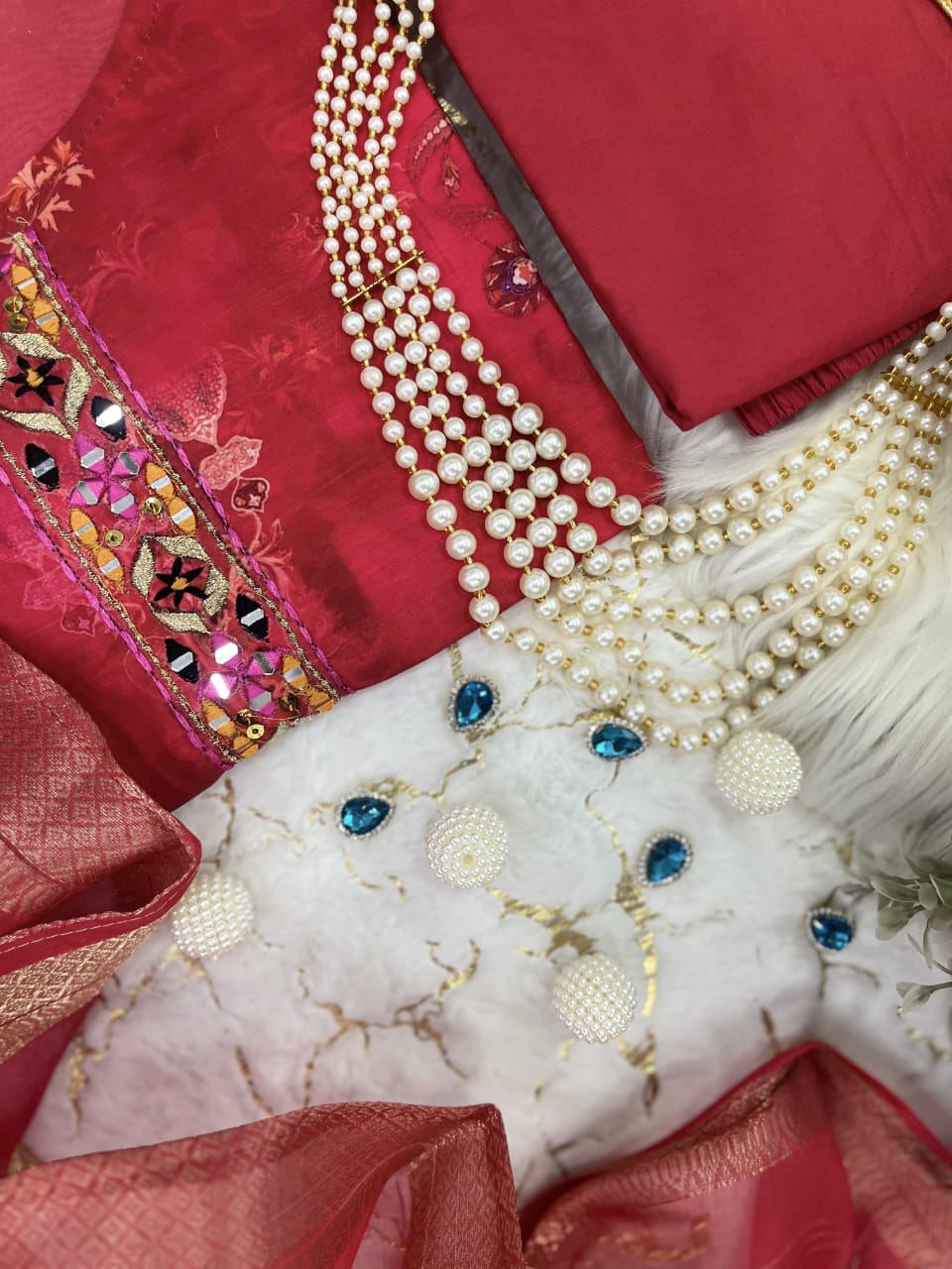 Crimson Red Silk Kurti Set with Golden Embellishments.