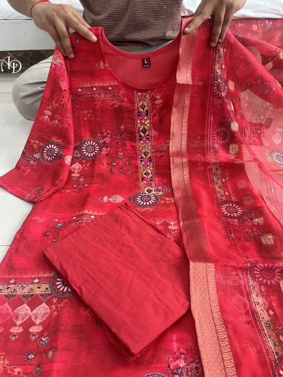 Crimson Red Silk Kurti Set with Golden Embellishments.