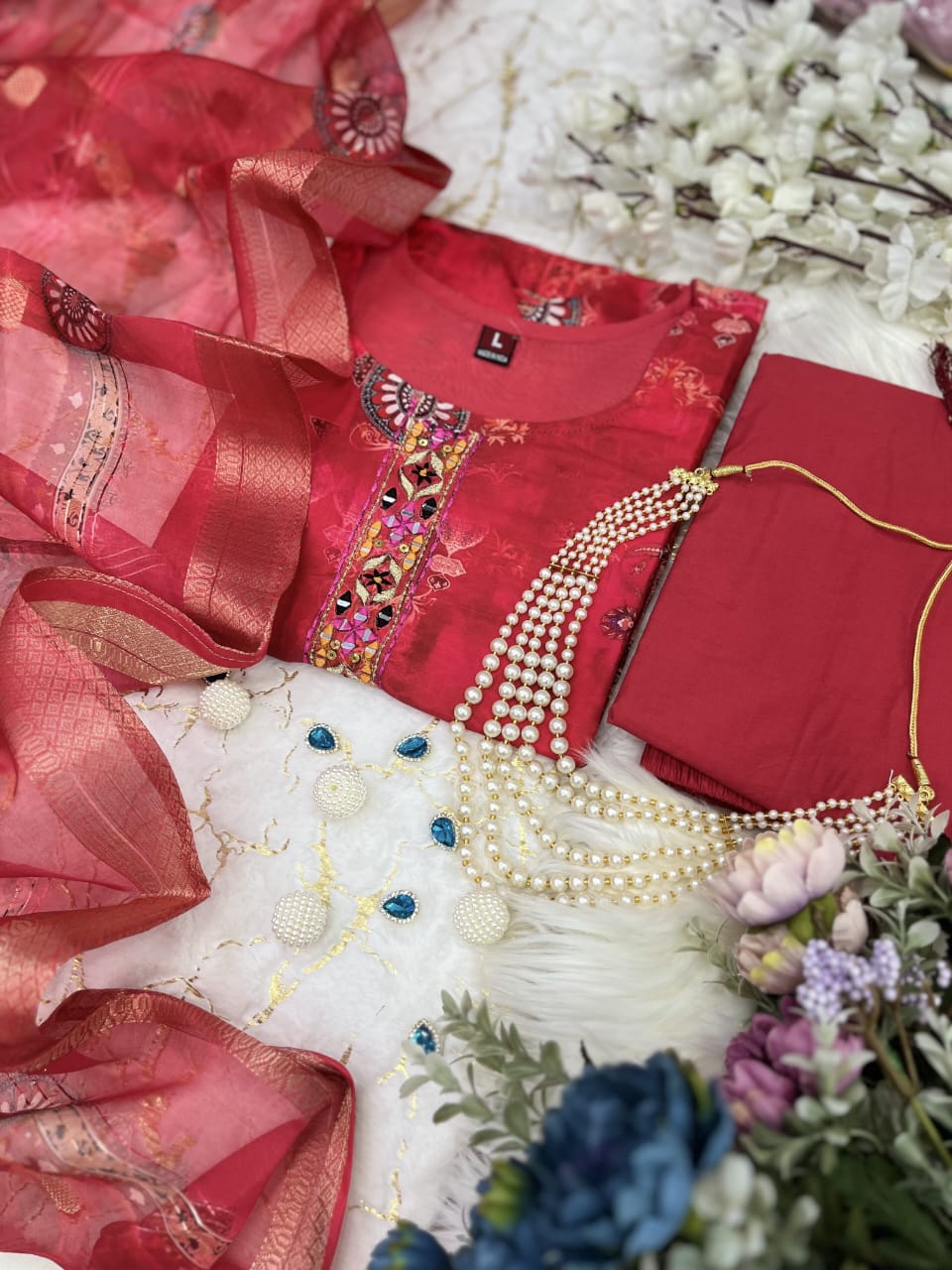 Crimson Red Silk Kurti Set with Golden Embellishments.