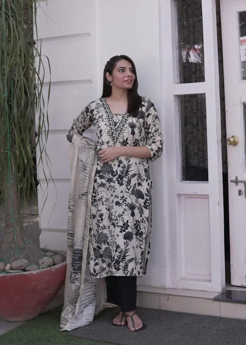 Cream & Black Organza Kurti (Straight-Cut).