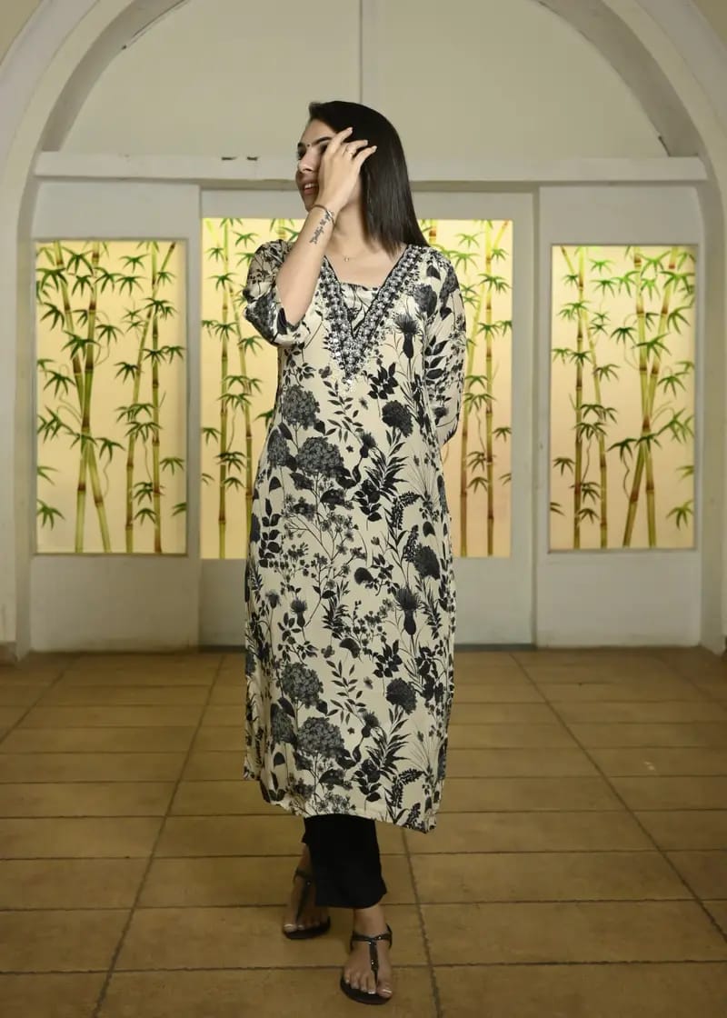 Cream & Black Organza Kurti (Straight-Cut).