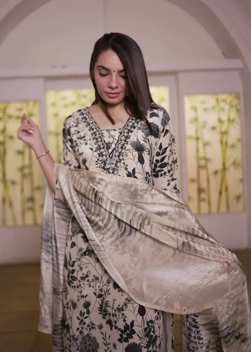 Cream & Black Organza Kurti (Straight-Cut).