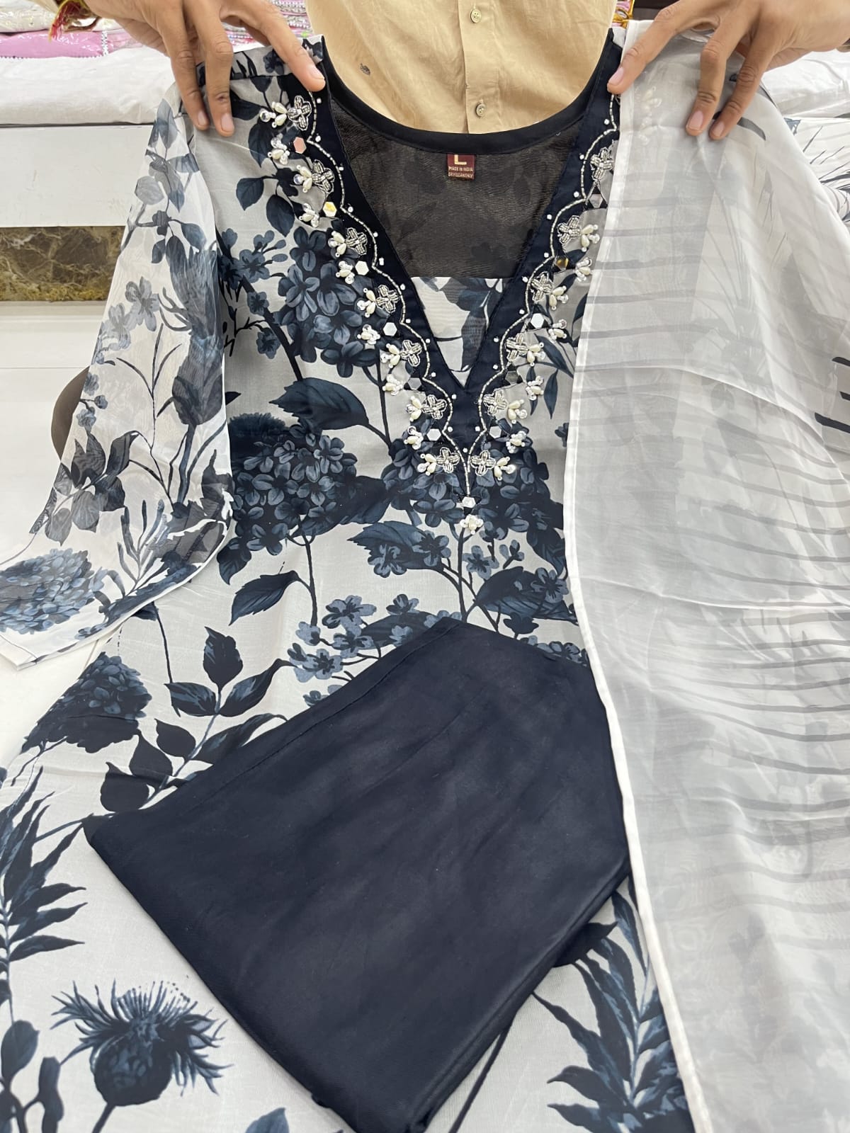 Cream & Black Organza Kurti (Straight-Cut).