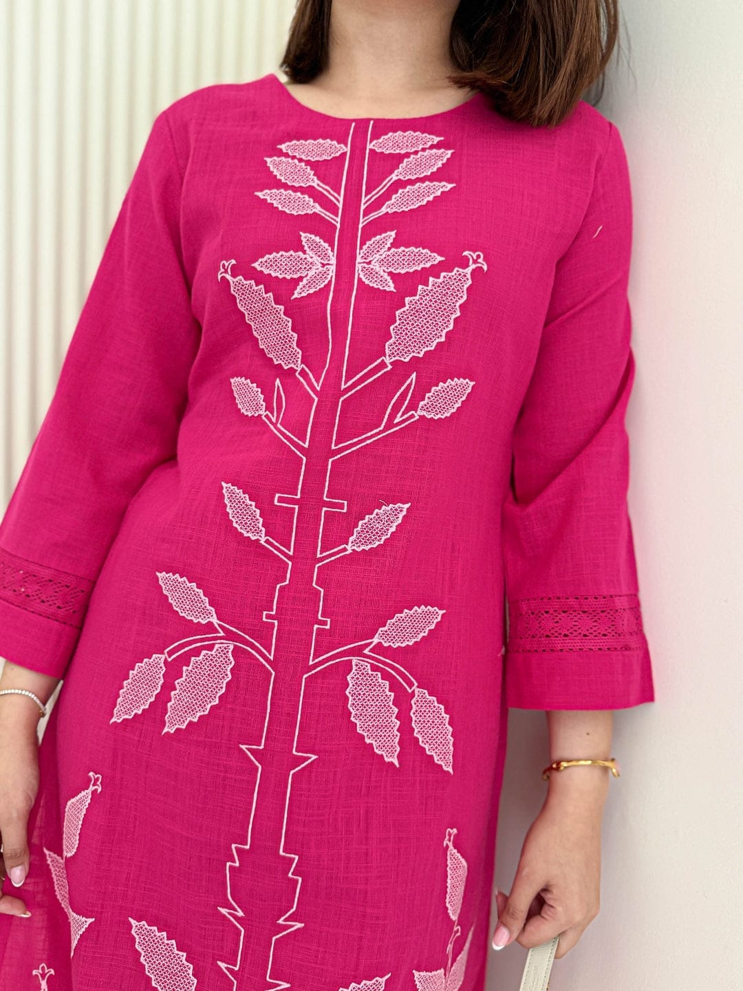 Magenta Pink Two Piece Cotton Kurti Set - Straight-Cut.