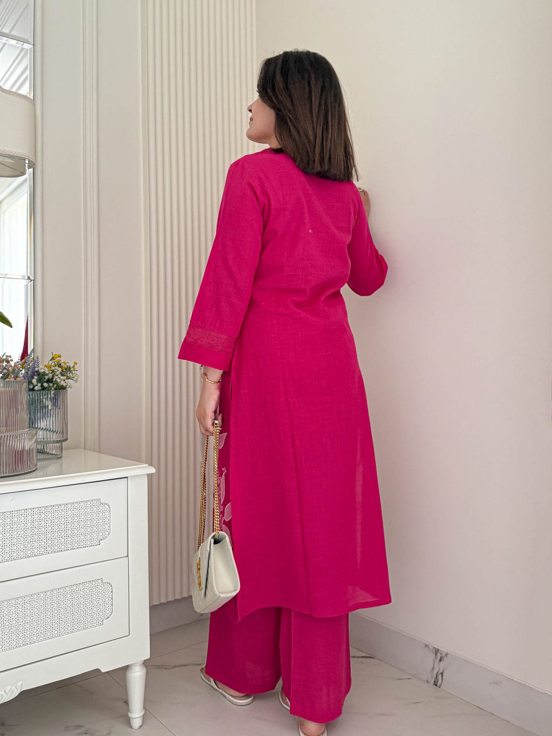 Magenta Pink Two Piece Cotton Kurti Set - Straight-Cut.