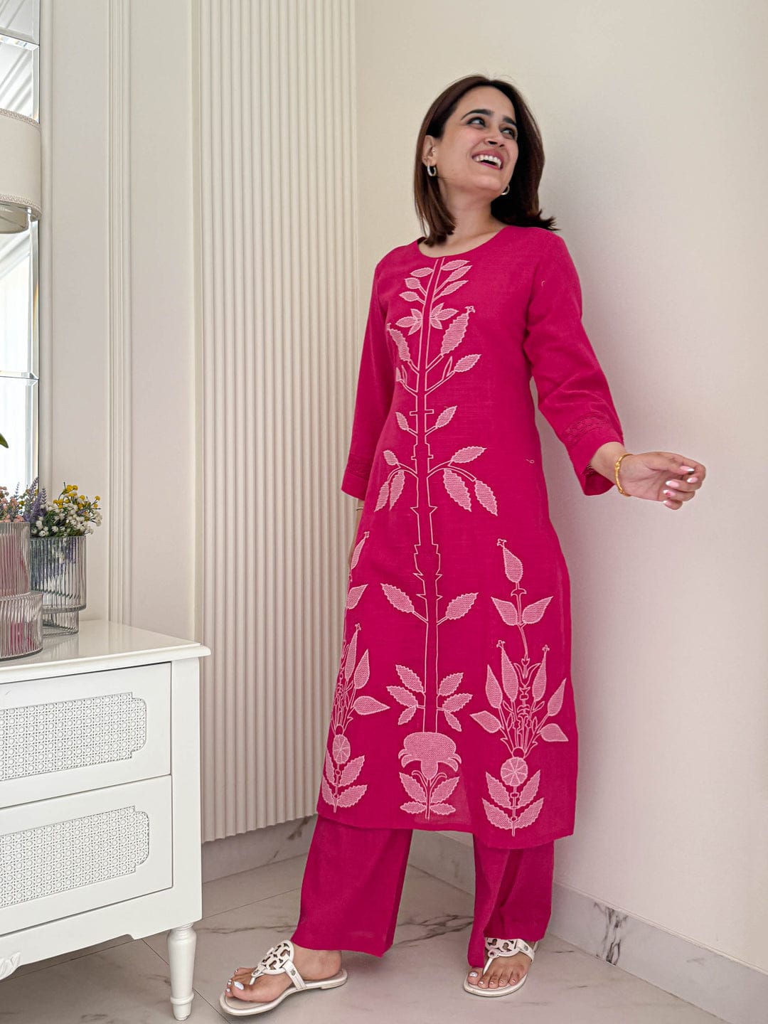 Magenta Pink Two Piece Cotton Kurti Set - Straight-Cut.
