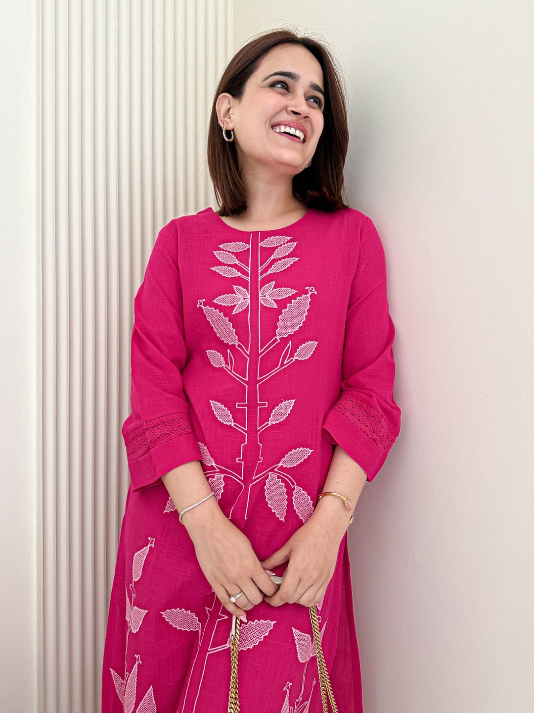 Magenta Pink Two Piece Cotton Kurti Set - Straight-Cut.