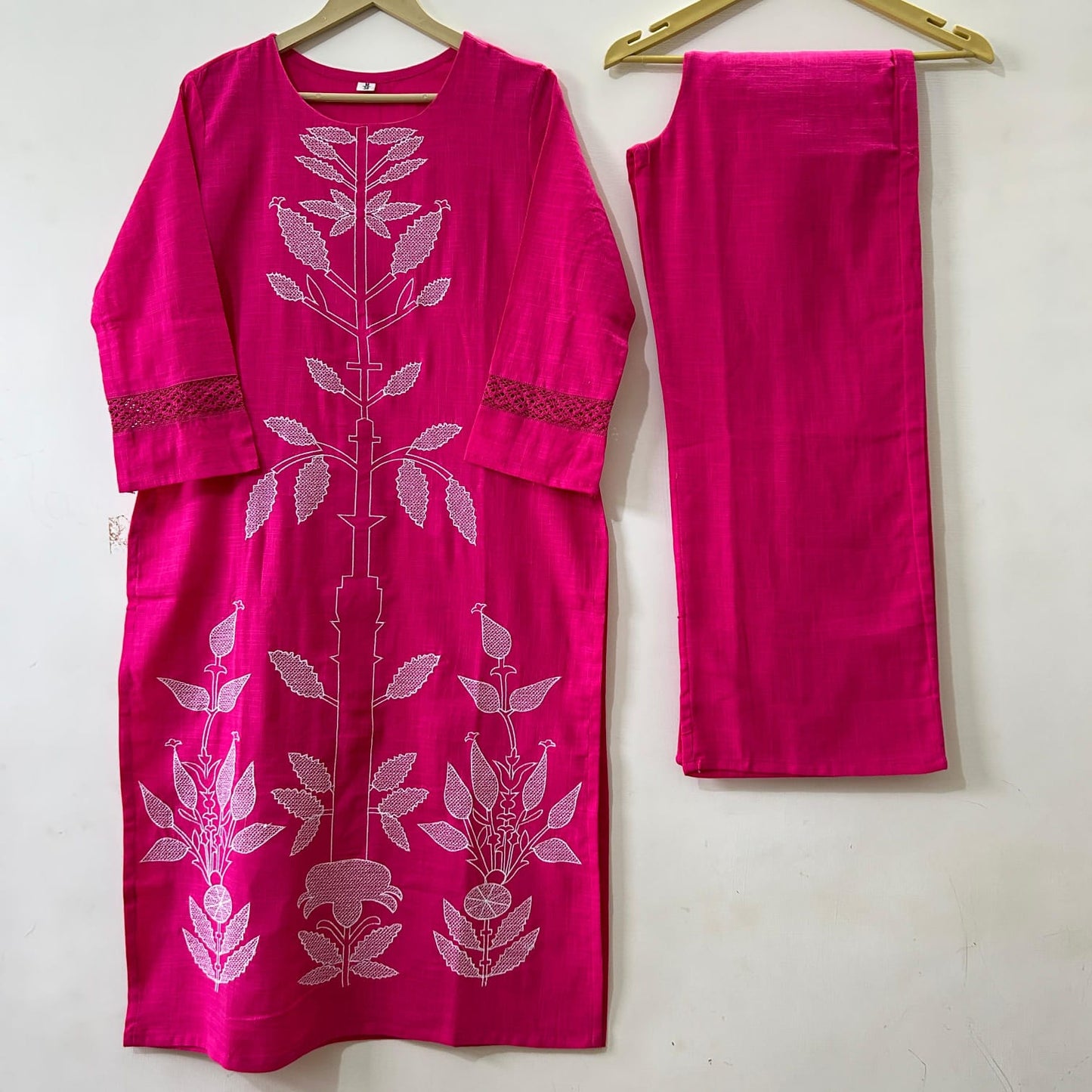 Magenta Pink Two Piece Cotton Kurti Set - Straight-Cut.