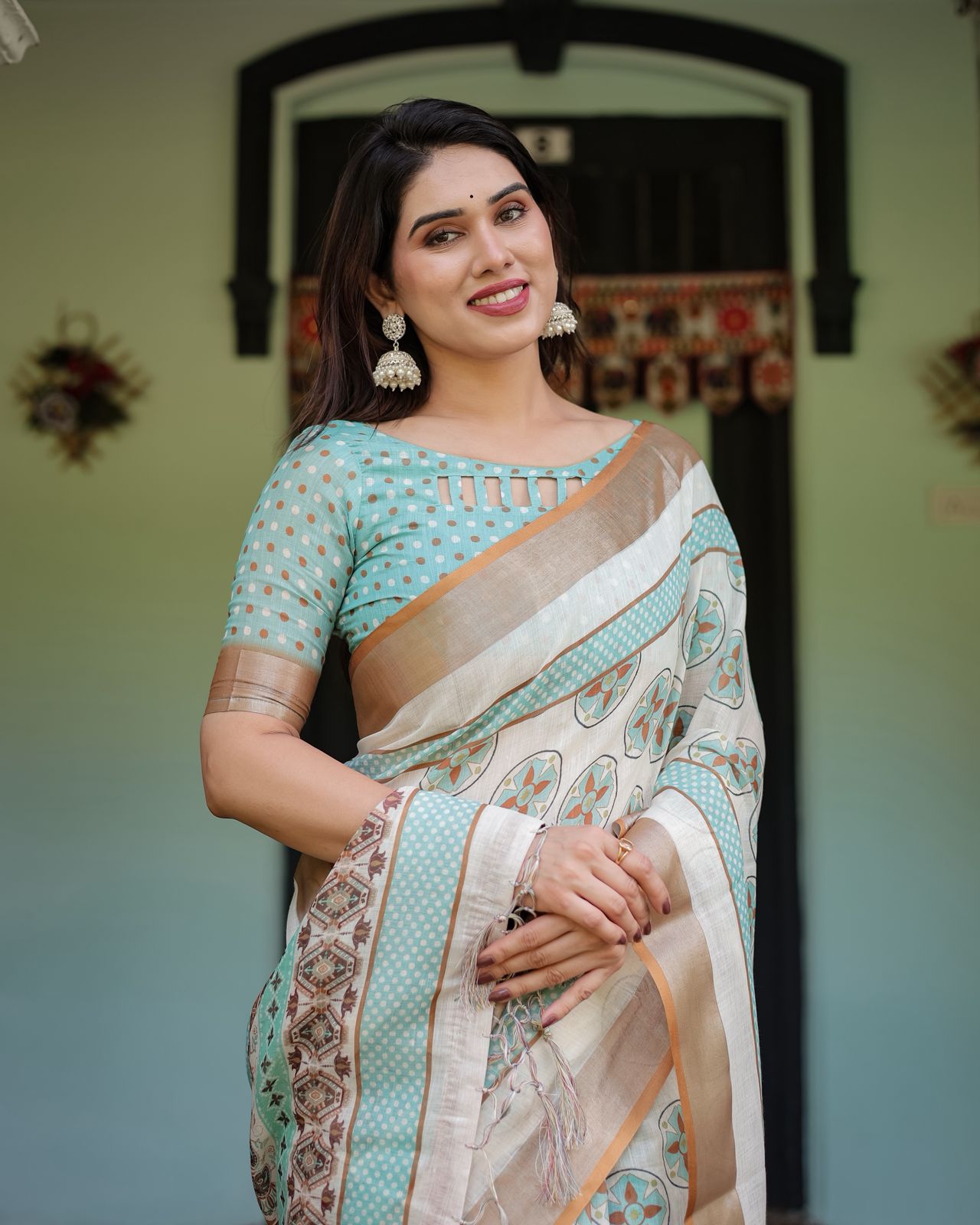 Mint Green & Ivory Traditional Saree.