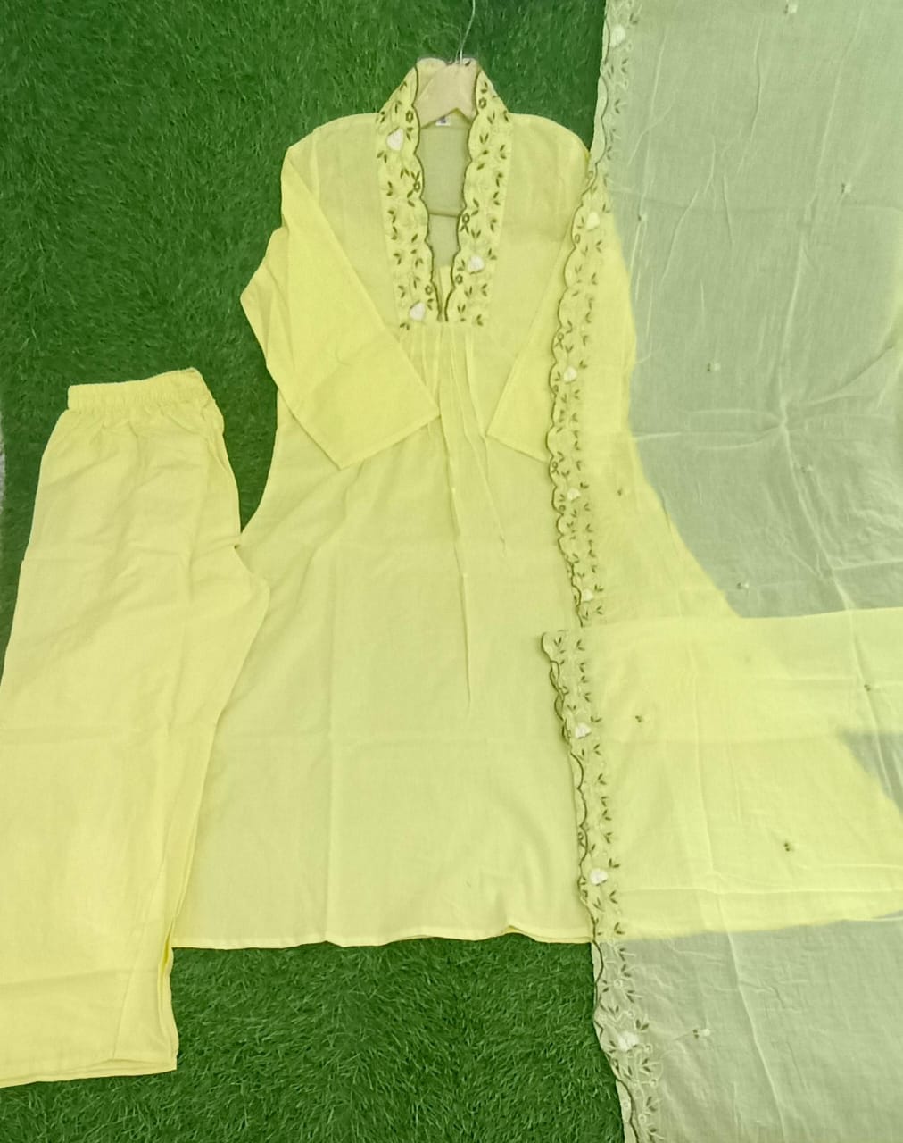 Lime Yellow Cotton Kurta Set with Dupatta.