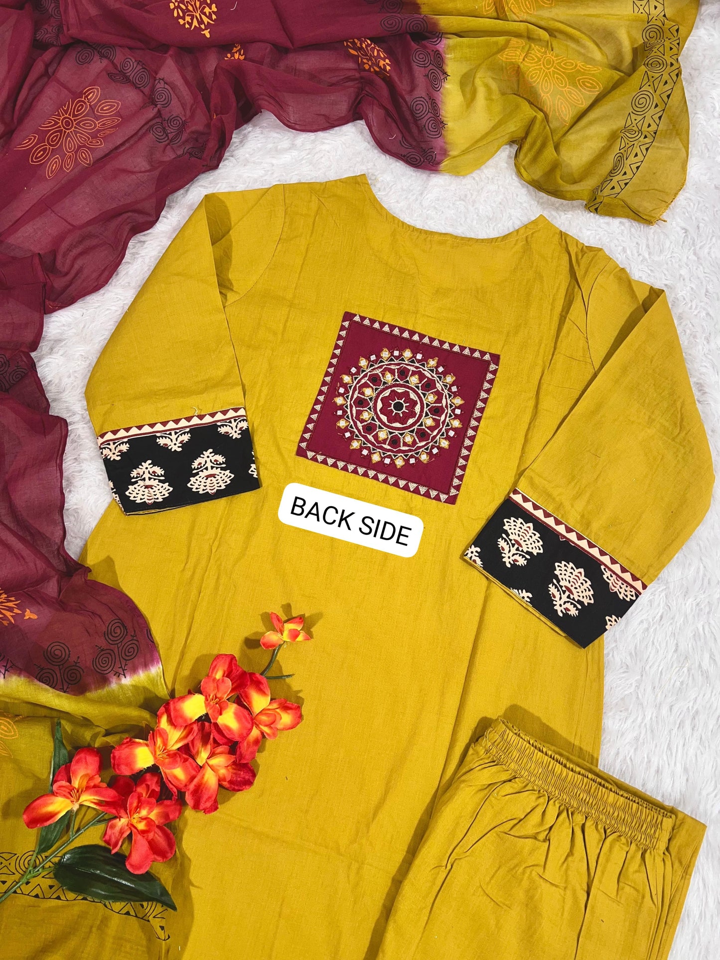 Mustard Yellow Cotton Kurti Set.