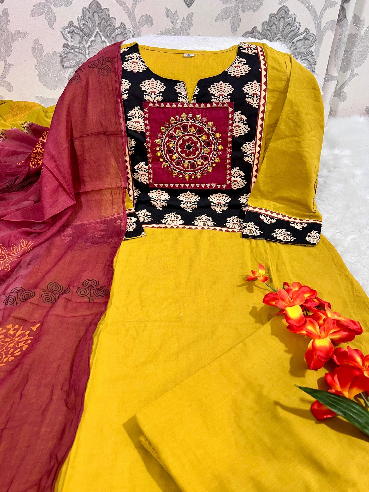 Mustard Yellow Cotton Kurti Set.