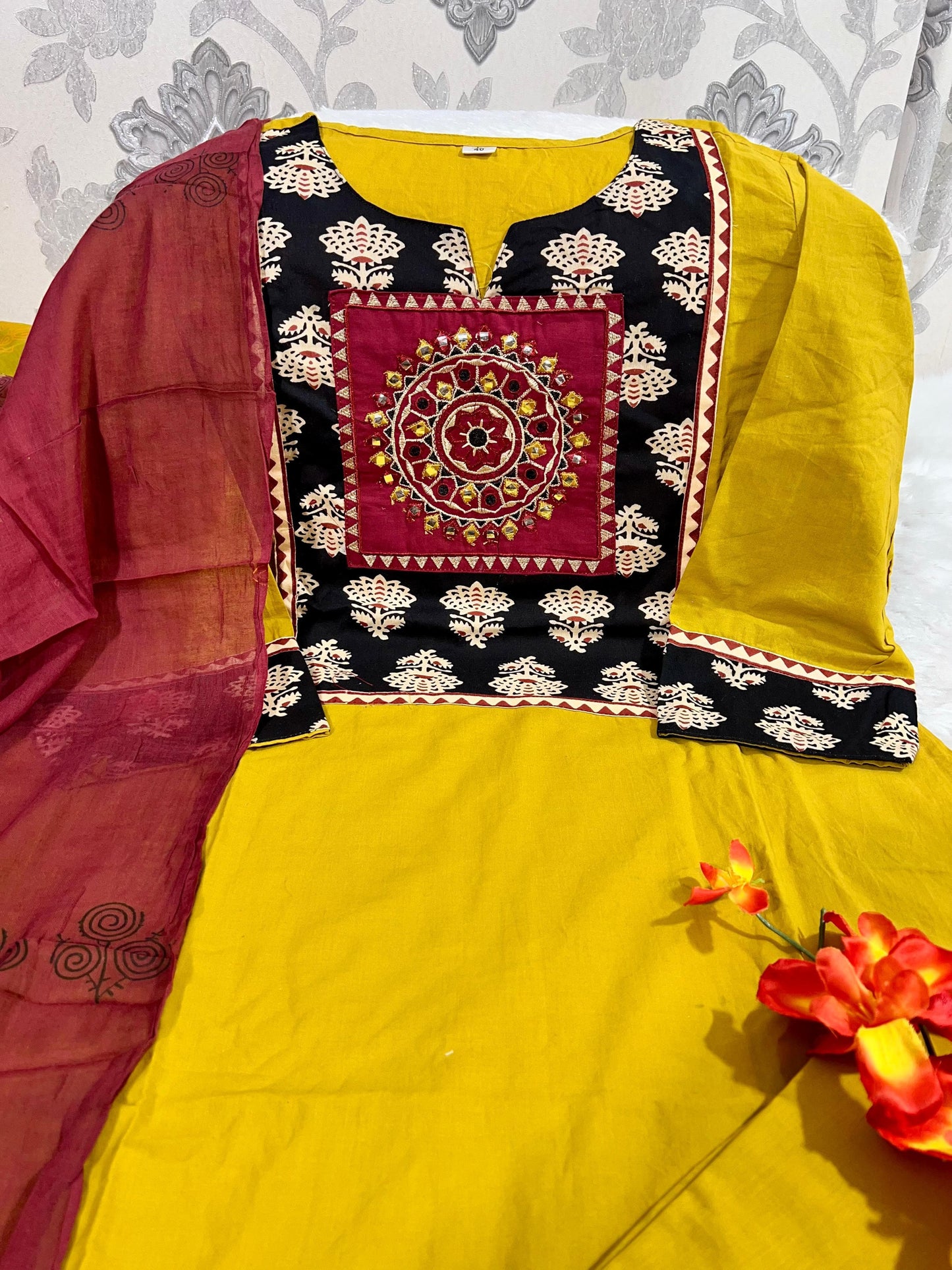 Mustard Yellow Cotton Kurti Set.