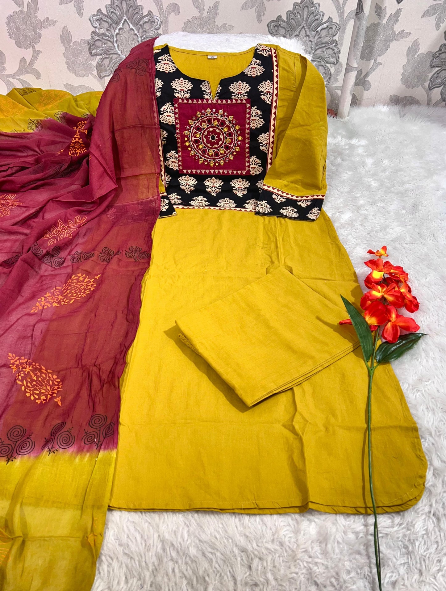 Mustard Yellow Cotton Kurti Set.