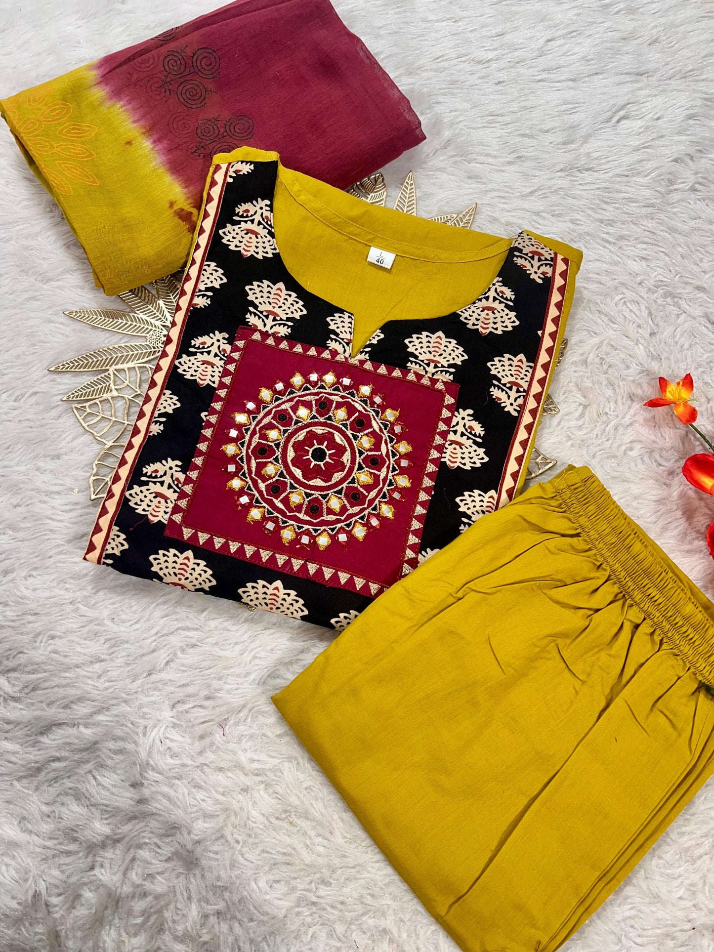 Mustard Yellow Cotton Kurti Set.