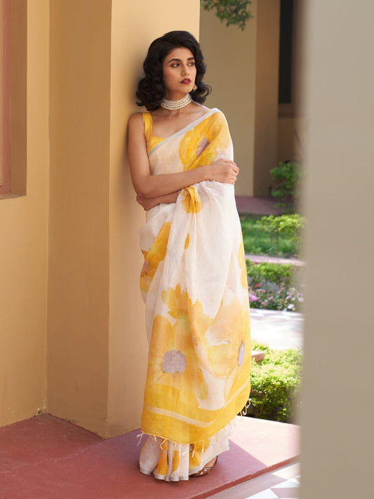Off-White Linen Floral Digital Print Saree