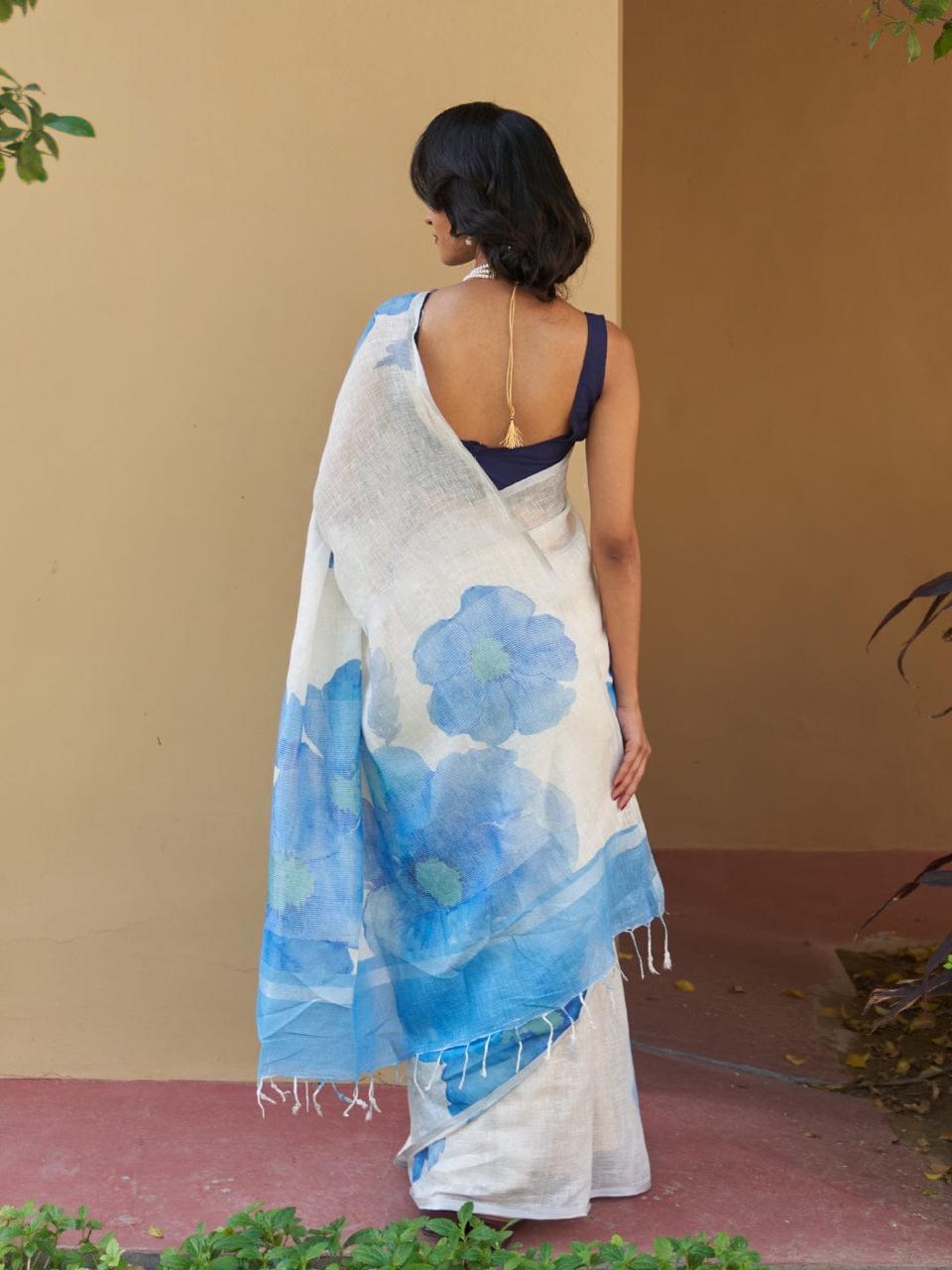 Off-White Linen Floral Digital Print Saree
