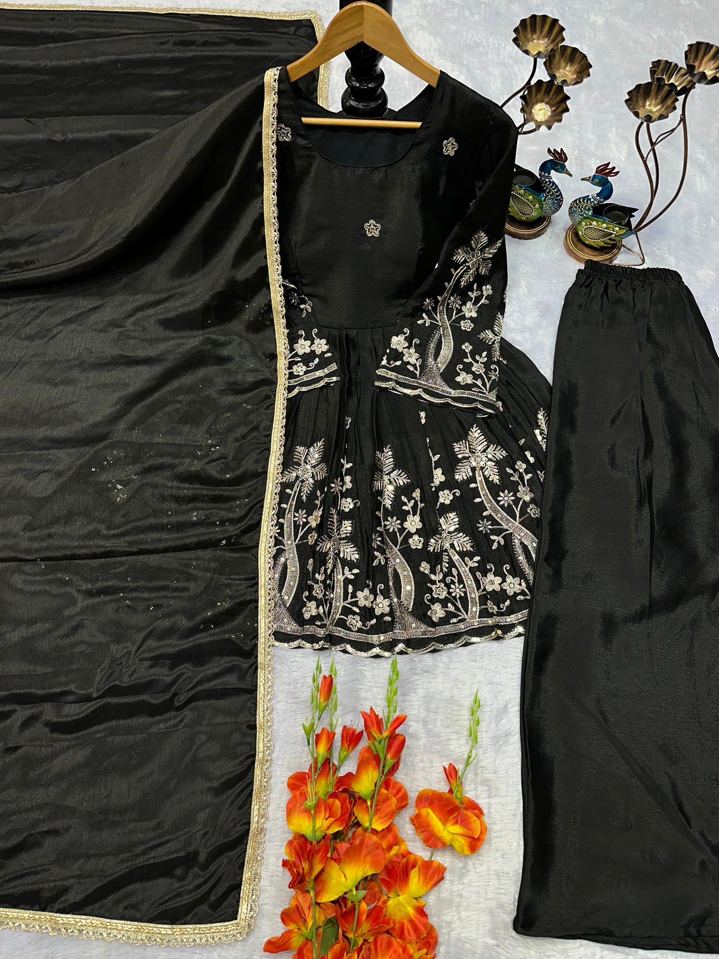 PARTY WEAR CHINNON SILK KURTI SET WITH EMBROIDERY