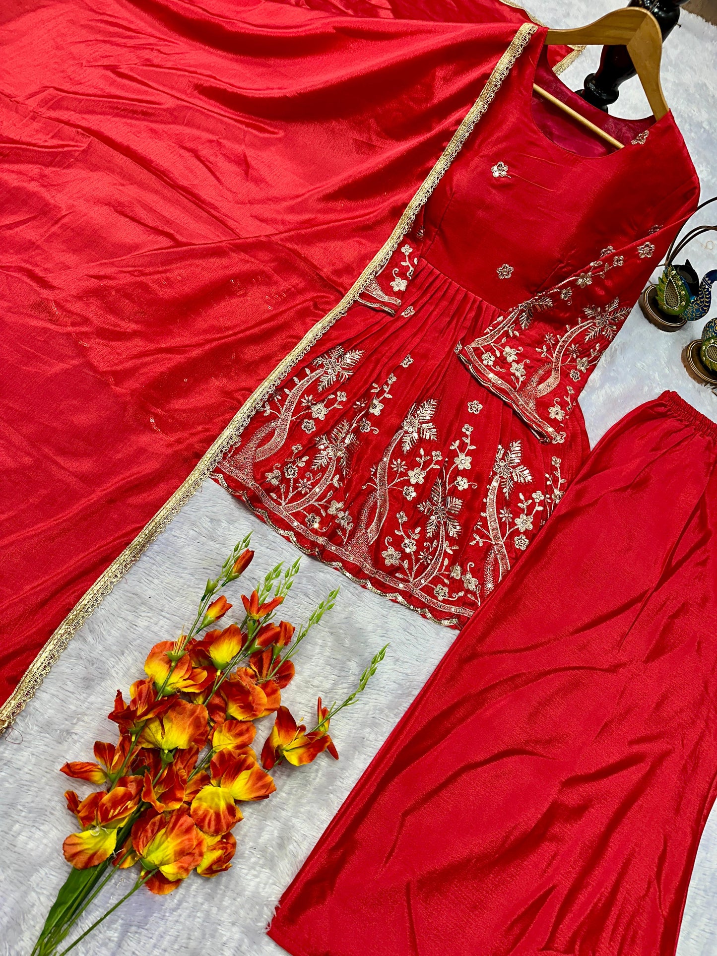PARTY WEAR CHINNON SILK KURTI SET WITH EMBROIDERY
