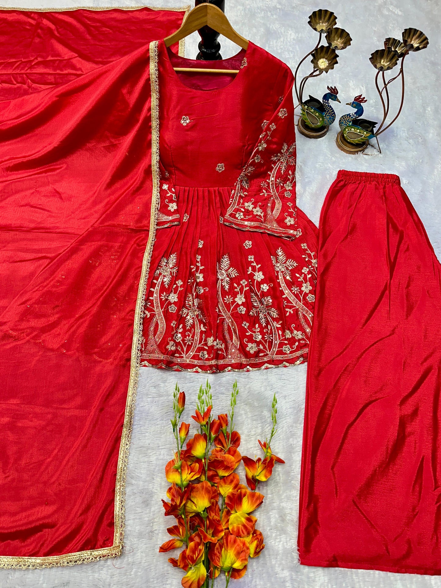 PARTY WEAR CHINNON SILK KURTI SET WITH EMBROIDERY