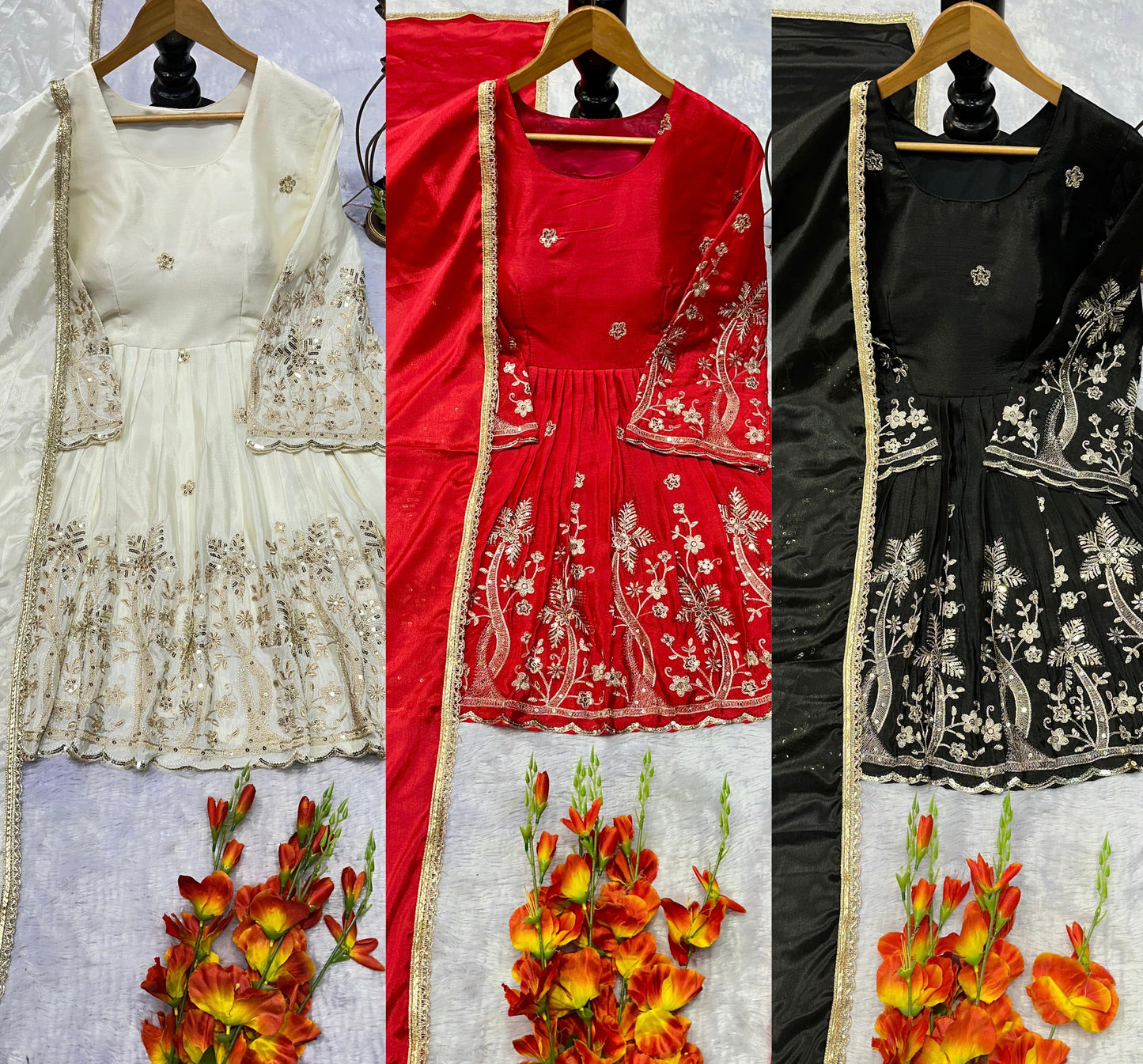 PARTY WEAR CHINNON SILK KURTI SET WITH EMBROIDERY