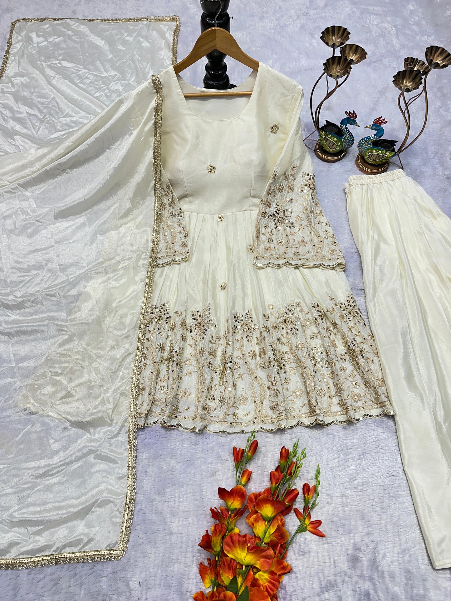 PARTY WEAR CHINNON SILK KURTI SET WITH EMBROIDERY