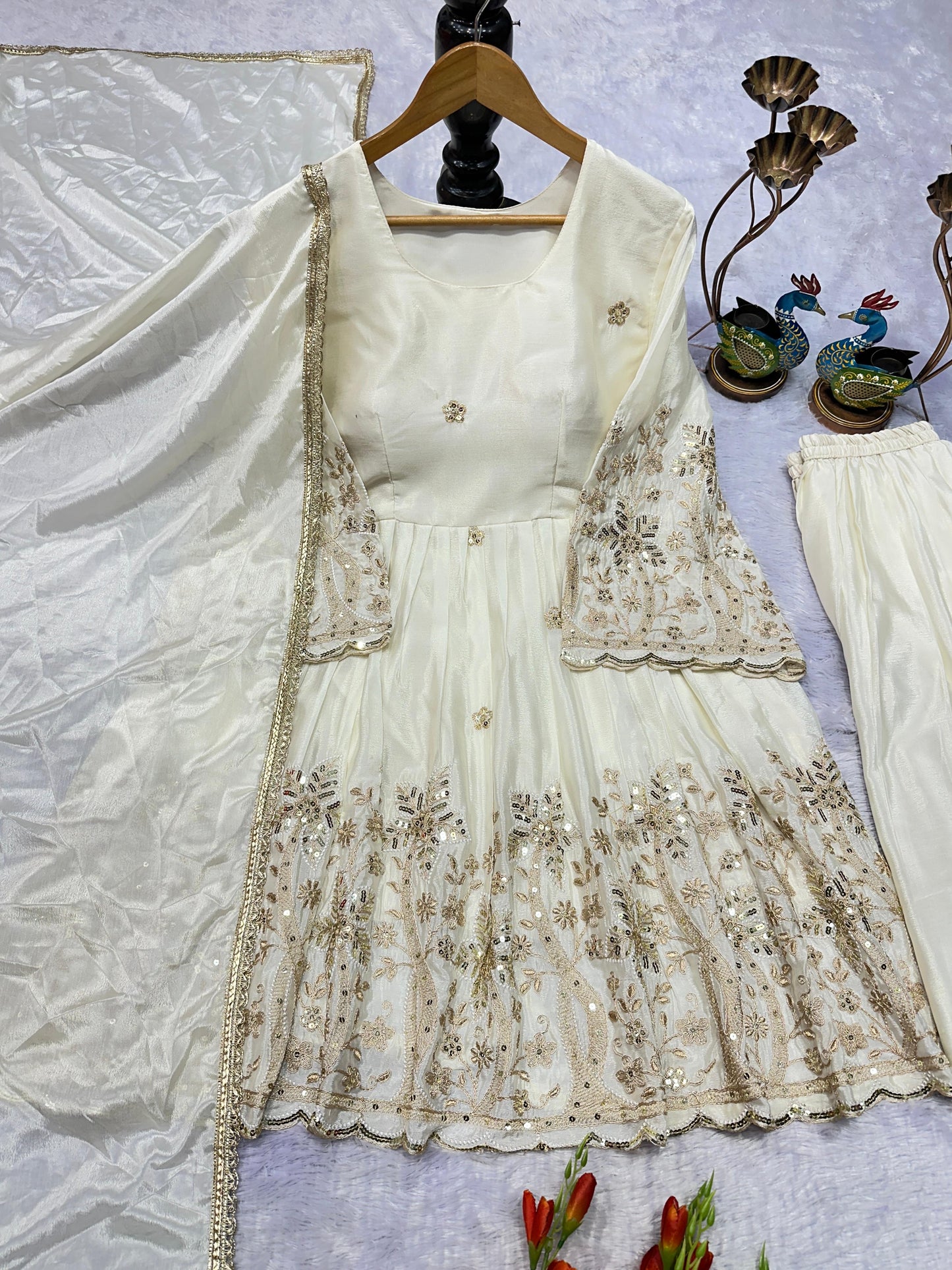 PARTY WEAR CHINNON SILK KURTI SET WITH EMBROIDERY