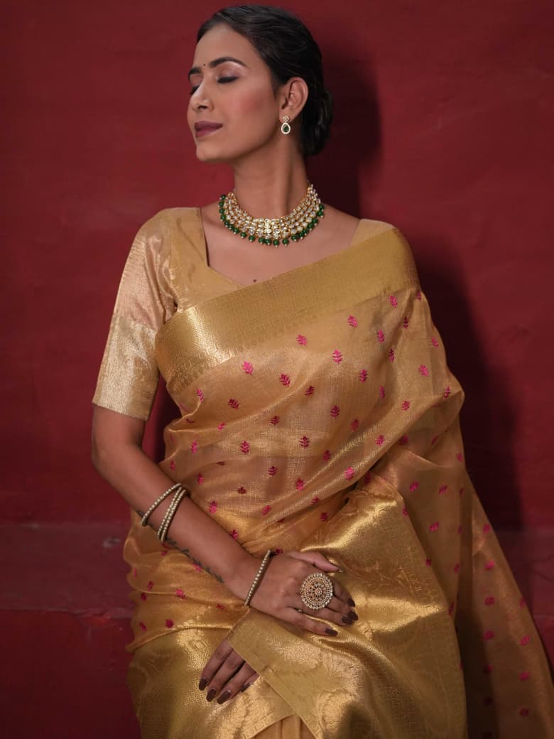 Grand Banarasi Tissue Silk Saree with Gold & Pink Embroidered Work.