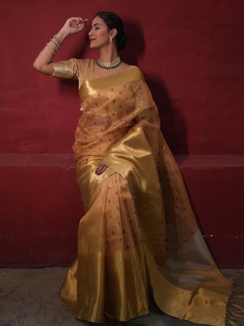 Grand Banarasi Tissue Silk Saree with Gold & Pink Embroidered Work.