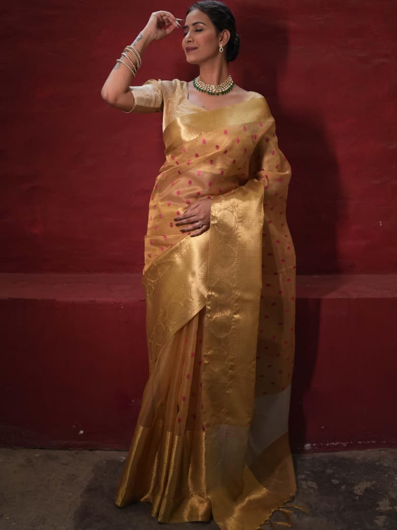 Grand Banarasi Tissue Silk Saree with Gold & Pink Embroidered Work.