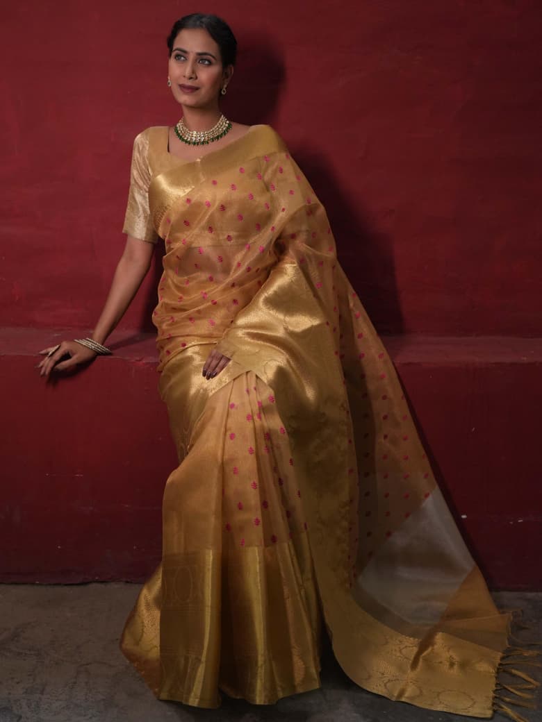 Grand Banarasi Tissue Silk Saree with Gold & Pink Embroidered Work.