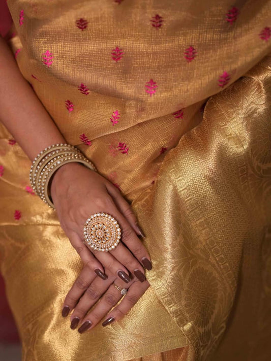 Grand Banarasi Tissue Silk Saree with Gold & Pink Embroidered Work.