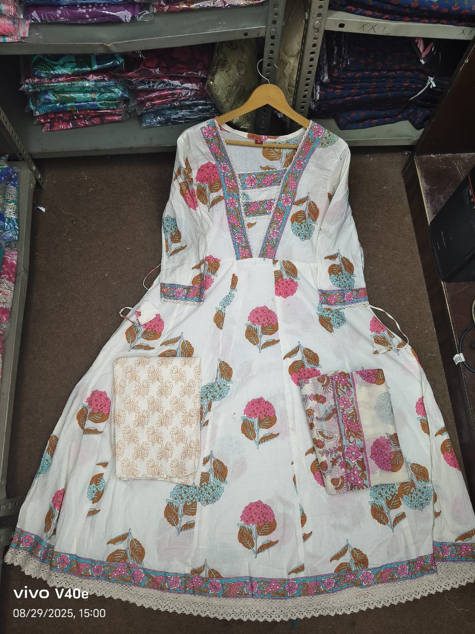 Ivory Cotton Kurti Set with Floral Print.