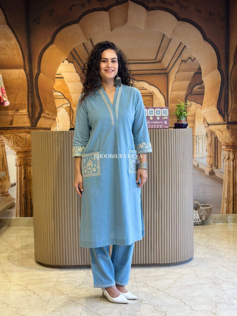 Cotton Slub Kurti & Palazzo Set with Neckline and Pocket Embroidery.