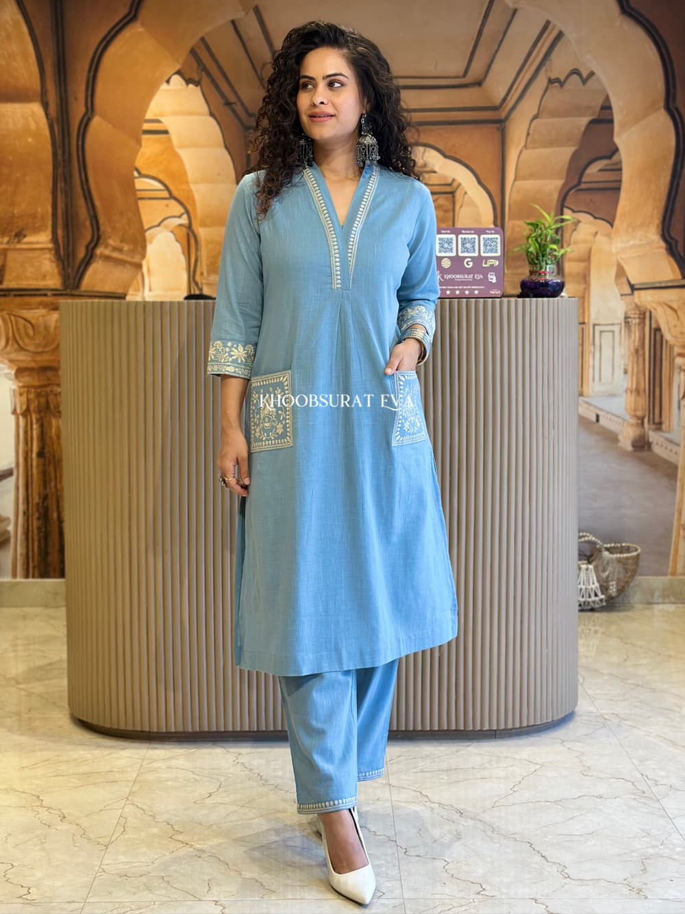 Cotton Slub Kurti & Palazzo Set with Neckline and Pocket Embroidery.
