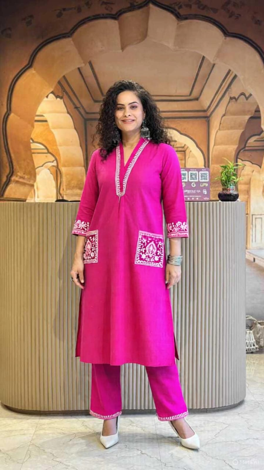 Cotton Slub Kurti & Palazzo Set with Neckline and Pocket Embroidery.